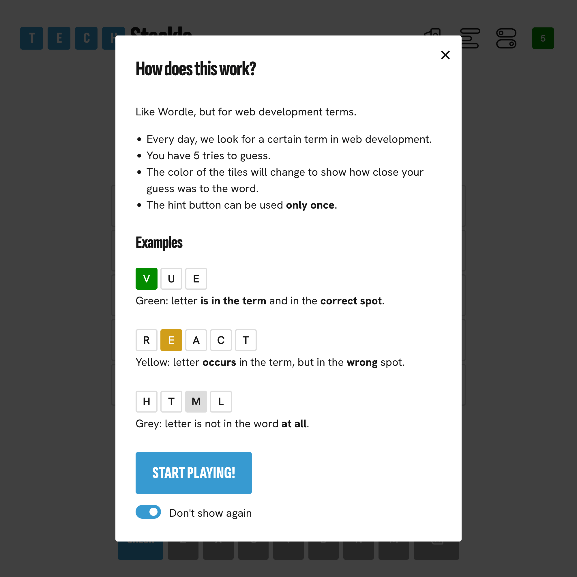 A screenshots of instrutions for Techstackle, a Wordle-like guessing game.