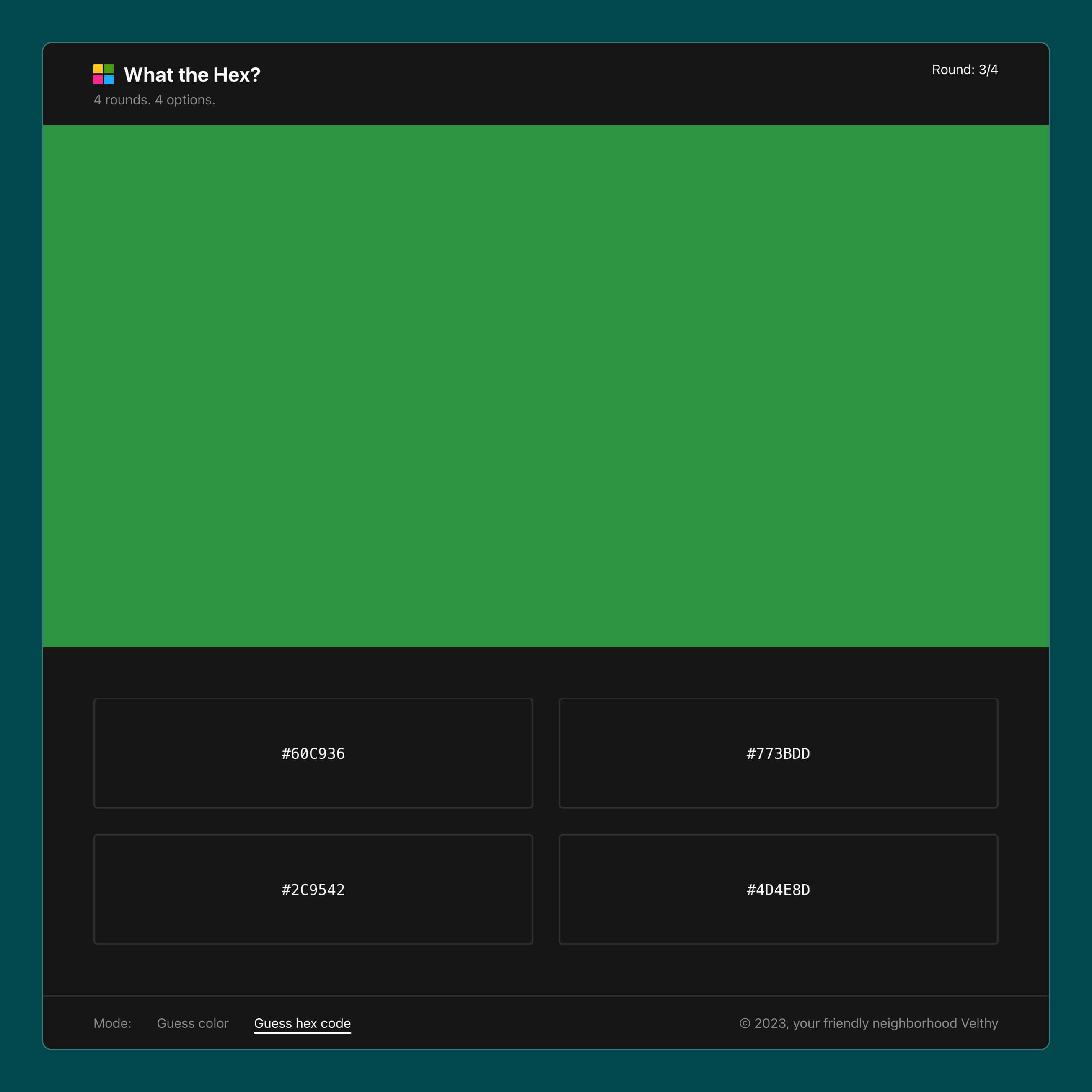 A screenshot of a quiz game, with a HEX Code and for colored areas as answer possibilities.