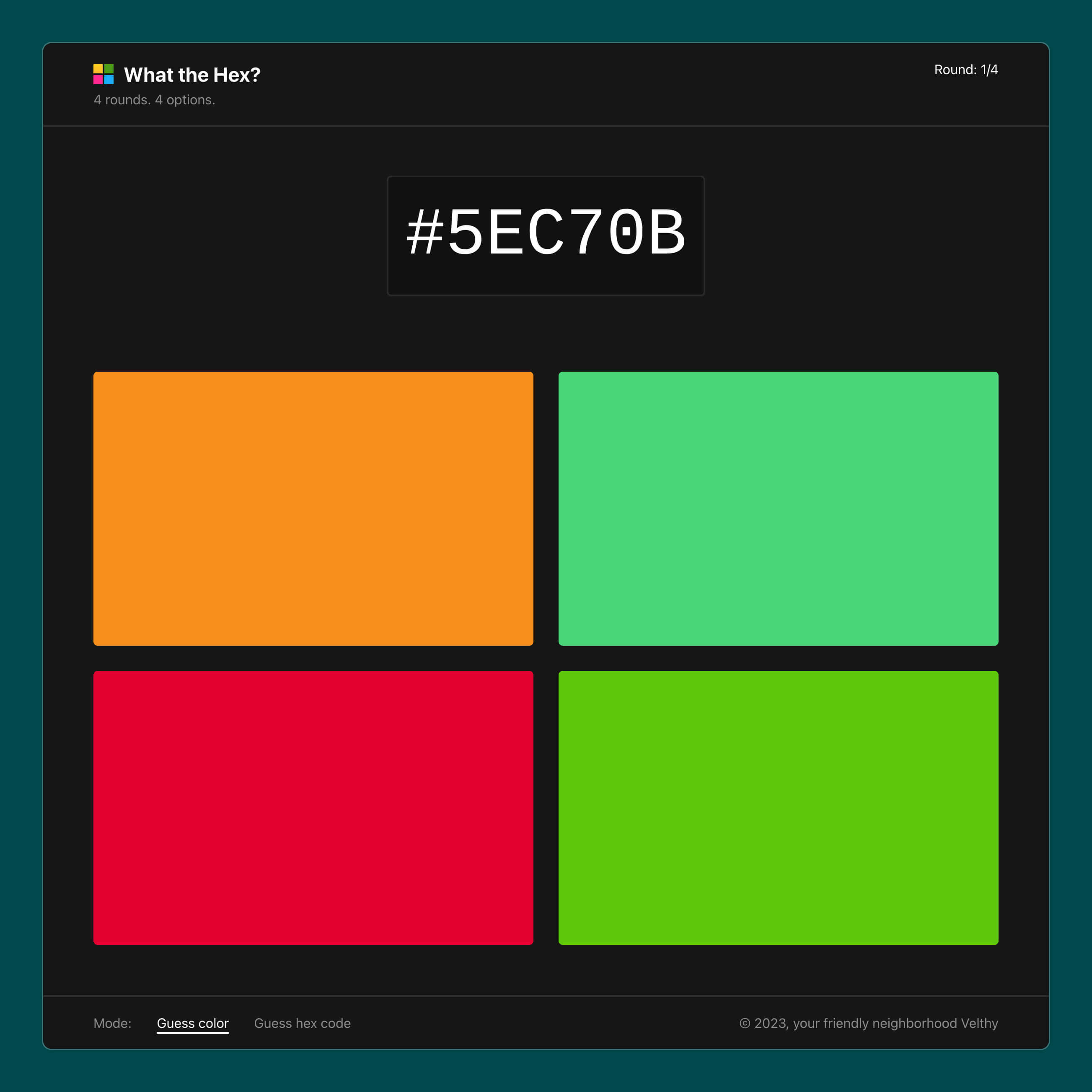 A screenshot of a quiz game, with a big green area and 4 choices of HEX codes.